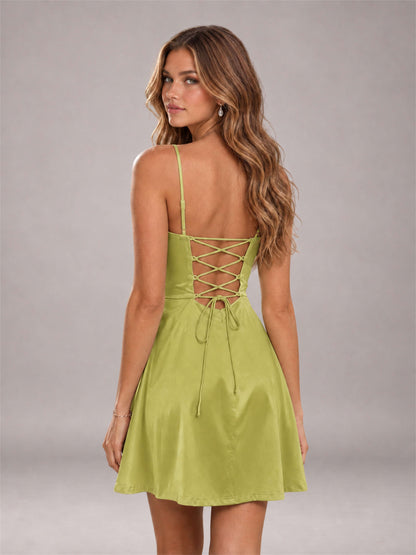 Chartreuse Stretch Satin Cowl Neck Spaghetti Strap Pleated Mini Homecoming Dress with Lace Up Back