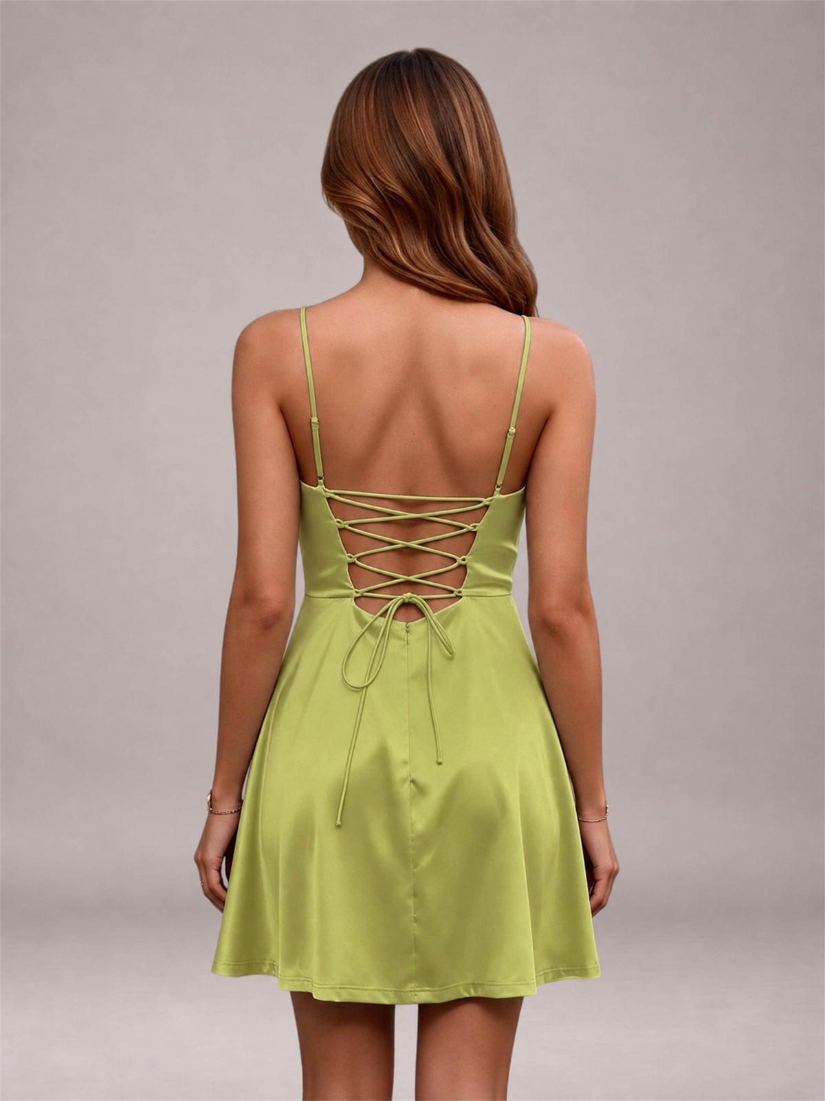 Chartreuse Stretch Satin Cowl Neck Spaghetti Strap Pleated Mini Homecoming Dress with Lace Up Back