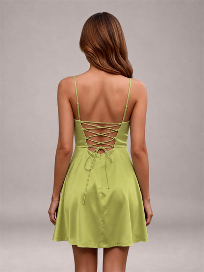 Chartreuse Stretch Satin Cowl Neck Spaghetti Strap Pleated Mini Homecoming Dress with Lace Up Back