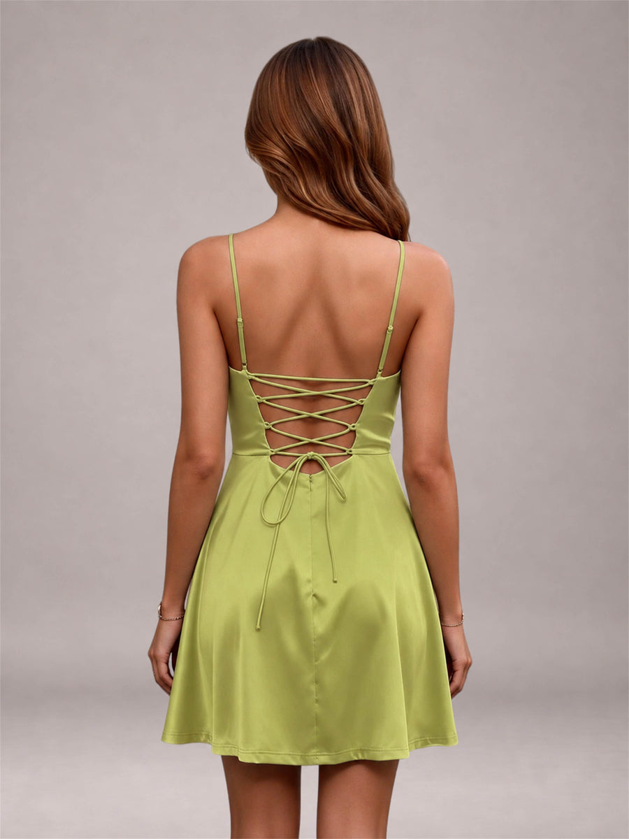 Chartreuse Stretch Satin Cowl Neck Spaghetti Strap Pleated Mini Homecoming Dress with Lace Up Back