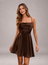 Stretch Satin Cowl Neck Spaghetti Strap Pleated Mini Homecoming Dress with Lace Up Back