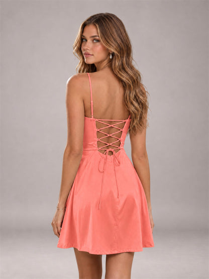 Coral Stretch Satin Cowl Neck Spaghetti Strap Pleated Mini Homecoming Dress with Lace Up Back