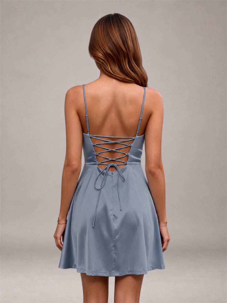 Dusty Blue Stretch Satin Cowl Neck Spaghetti Strap Pleated Mini Homecoming Dress with Lace Up Back