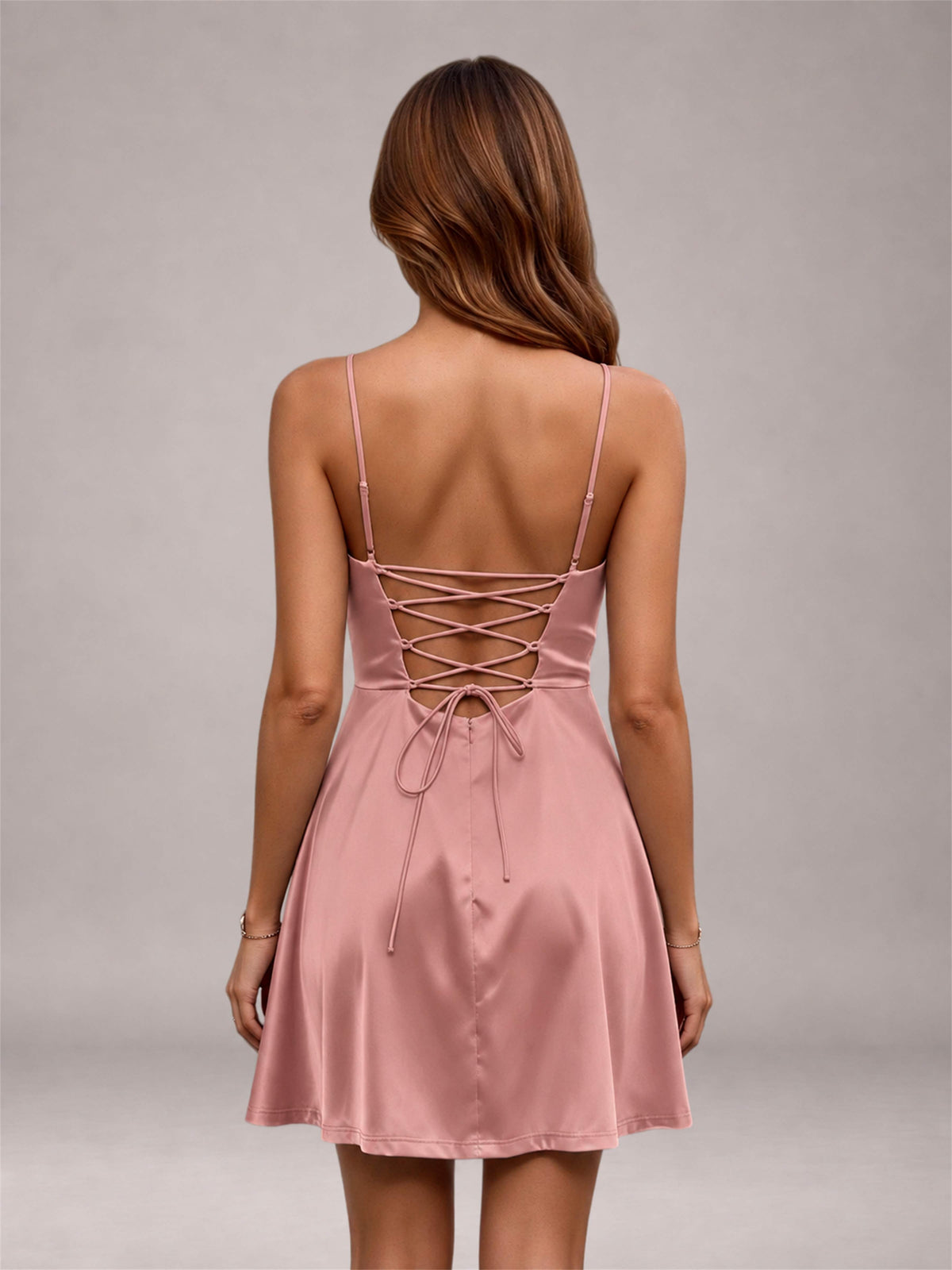 Dusty Rose Stretch Satin Cowl Neck Spaghetti Strap Pleated Mini Homecoming Dress with Lace Up Back