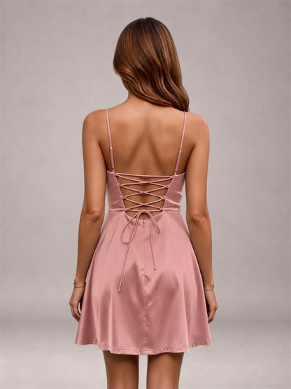 Dusty Rose Stretch Satin Cowl Neck Spaghetti Strap Pleated Mini Homecoming Dress with Lace Up Back