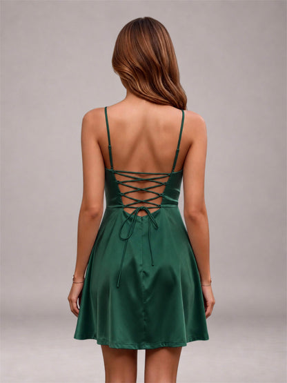 Emerald Green Stretch Satin Cowl Neck Spaghetti Strap Pleated Mini Homecoming Dress with Lace Up Back