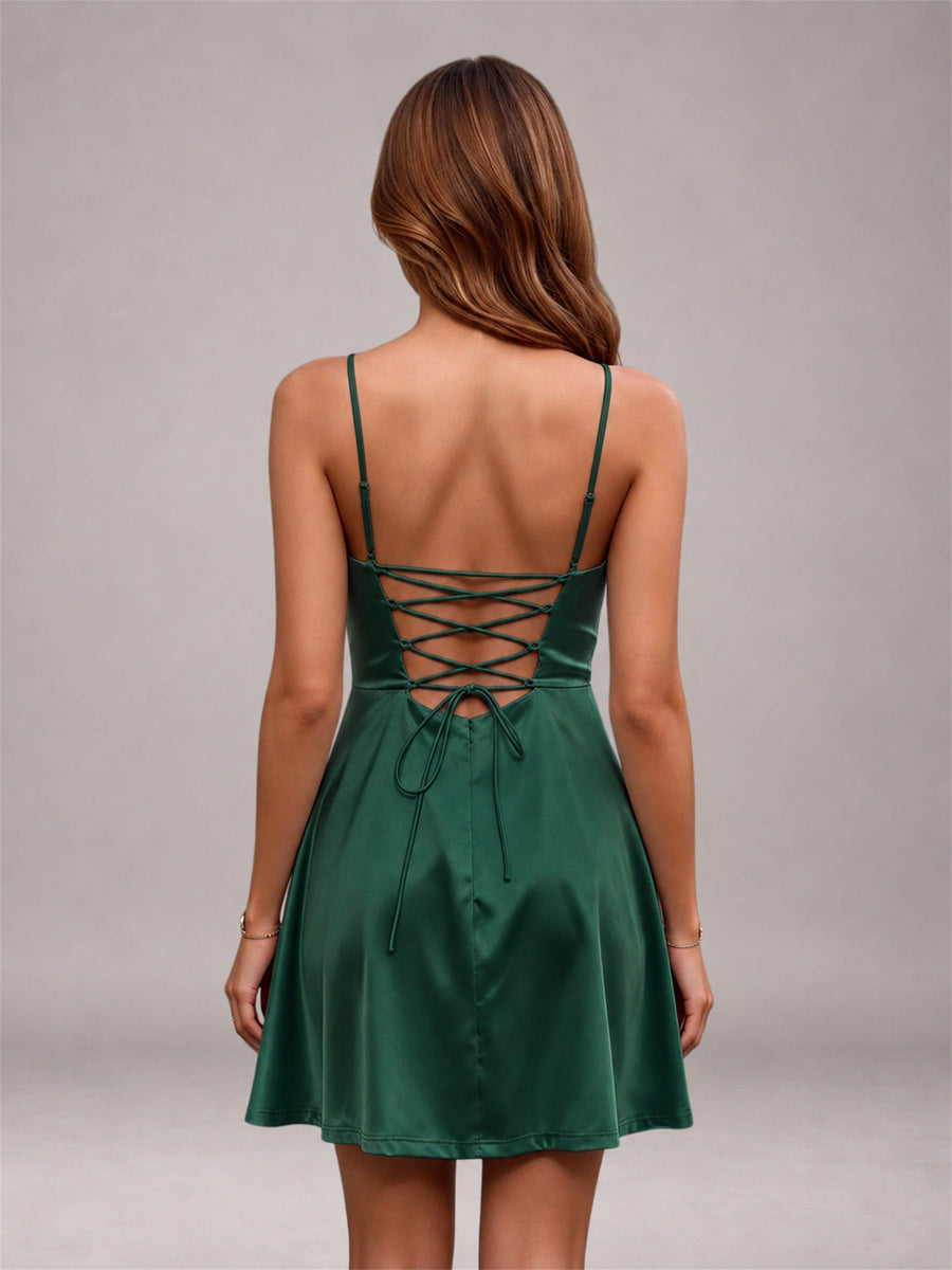Emerald Green Stretch Satin Cowl Neck Spaghetti Strap Pleated Mini Homecoming Dress with Lace Up Back