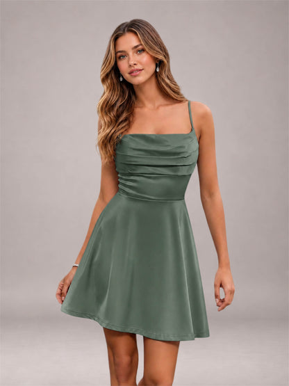 Eucalyptus Stretch Satin Cowl Neck Spaghetti Strap Pleated Mini Homecoming Dress with Lace Up Back