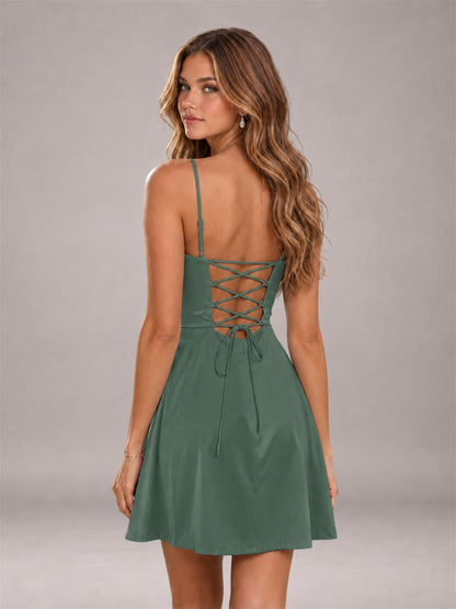 Eucalyptus Stretch Satin Cowl Neck Spaghetti Strap Pleated Mini Homecoming Dress with Lace Up Back