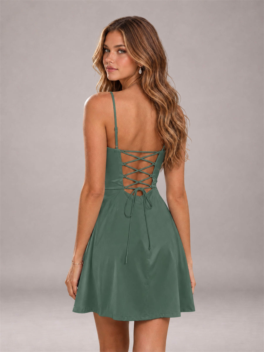 Eucalyptus Stretch Satin Cowl Neck Spaghetti Strap Pleated Mini Homecoming Dress with Lace Up Back