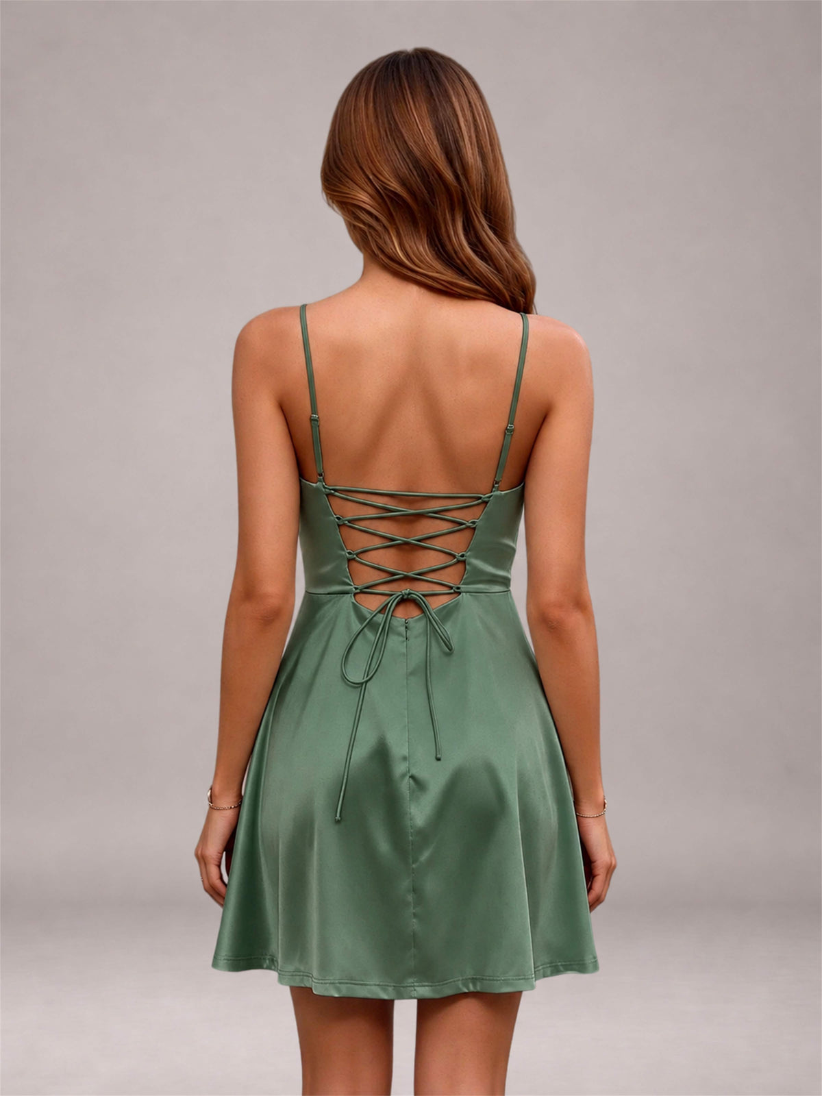 Eucalyptus Stretch Satin Cowl Neck Spaghetti Strap Pleated Mini Homecoming Dress with Lace Up Back