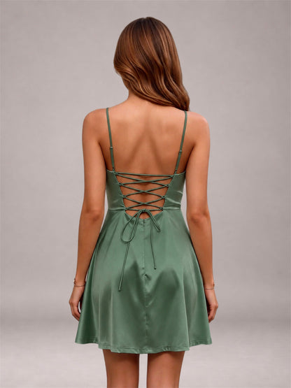 Eucalyptus Stretch Satin Cowl Neck Spaghetti Strap Pleated Mini Homecoming Dress with Lace Up Back