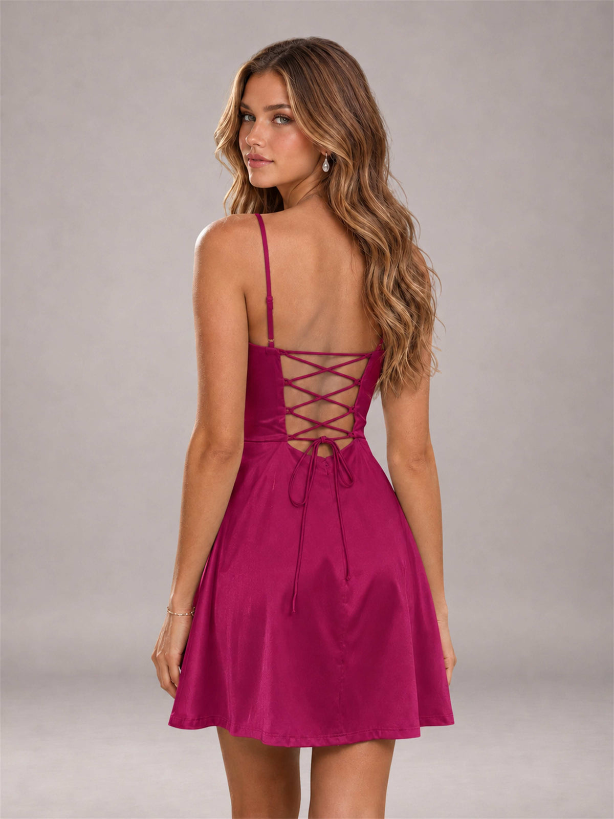 Fuchsia Stretch Satin Cowl Neck Spaghetti Strap Pleated Mini Homecoming Dress with Lace Up Back
