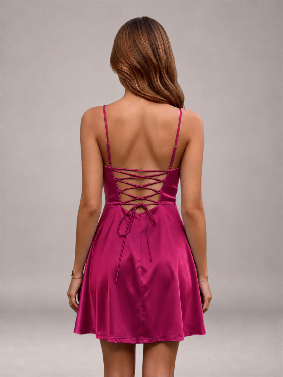 Fuchsia Stretch Satin Cowl Neck Spaghetti Strap Pleated Mini Homecoming Dress with Lace Up Back