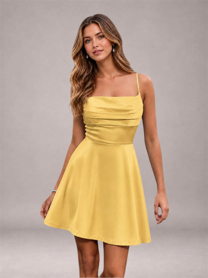 Gold Stretch Satin Cowl Neck Spaghetti Strap Pleated Mini Homecoming Dress with Lace Up Back