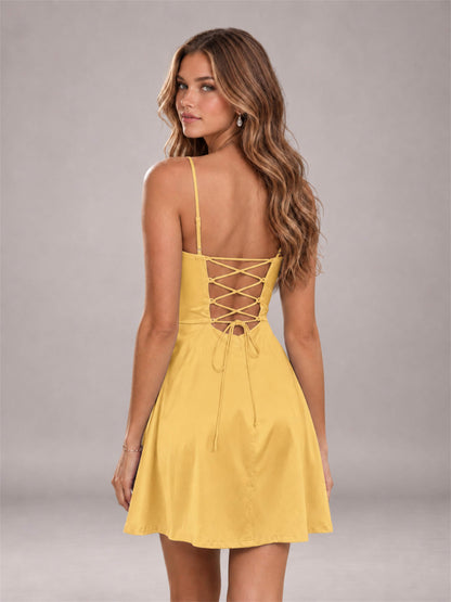 Gold Stretch Satin Cowl Neck Spaghetti Strap Pleated Mini Homecoming Dress with Lace Up Back