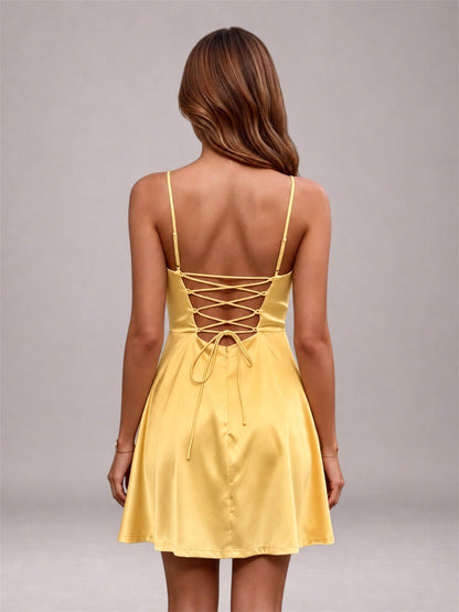 Gold Stretch Satin Cowl Neck Spaghetti Strap Pleated Mini Homecoming Dress with Lace Up Back