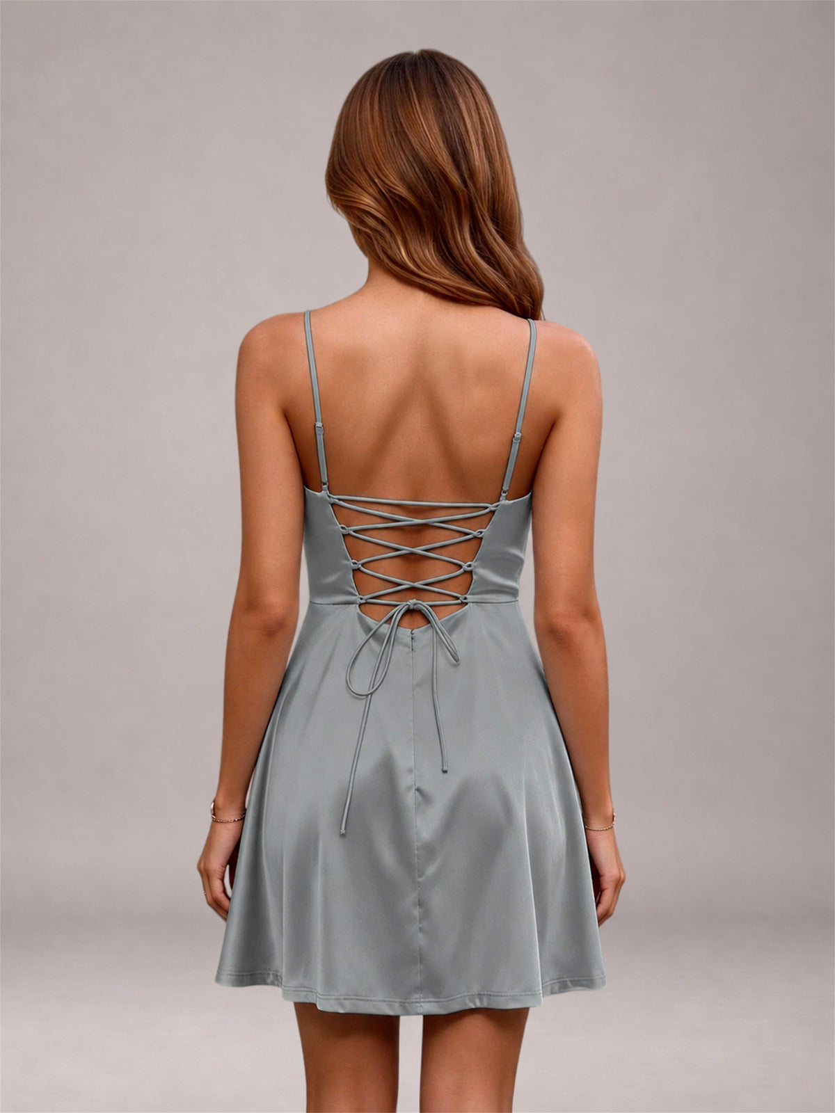 Grey Stretch Satin Cowl Neck Spaghetti Strap Pleated Mini Homecoming Dress with Lace Up Back