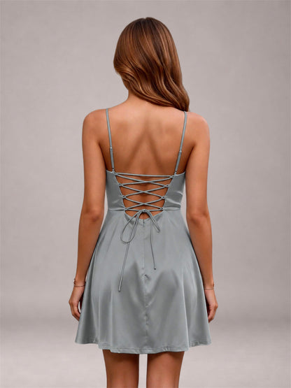 Grey Stretch Satin Cowl Neck Spaghetti Strap Pleated Mini Homecoming Dress with Lace Up Back