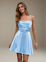 Free Shipping Stretch Satin Cowl Neck Spaghetti Strap Pleated Mini Homecoming Dress with Lace Up Back