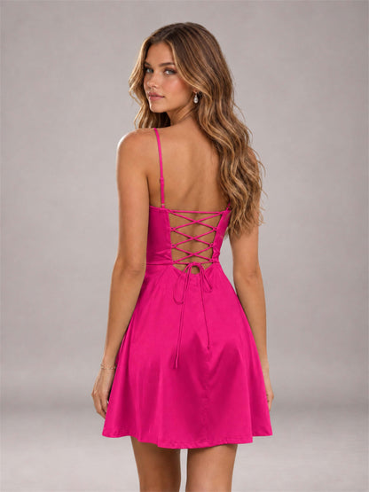 Hot Pink Stretch Satin Cowl Neck Spaghetti Strap Pleated Mini Homecoming Dress with Lace Up Back