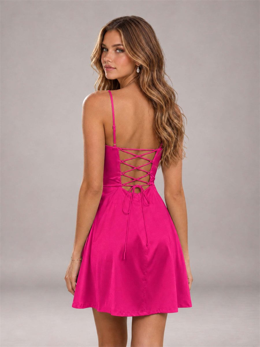 Hot Pink Stretch Satin Cowl Neck Spaghetti Strap Pleated Mini Homecoming Dress with Lace Up Back