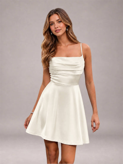 Ivory Stretch Satin Cowl Neck Spaghetti Strap Pleated Mini Homecoming Dress with Lace Up Back