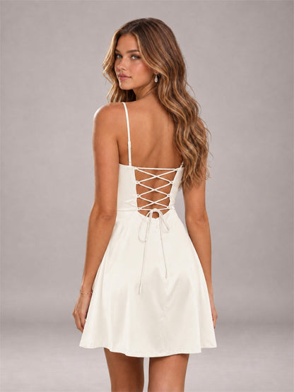 Ivory Stretch Satin Cowl Neck Spaghetti Strap Pleated Mini Homecoming Dress with Lace Up Back