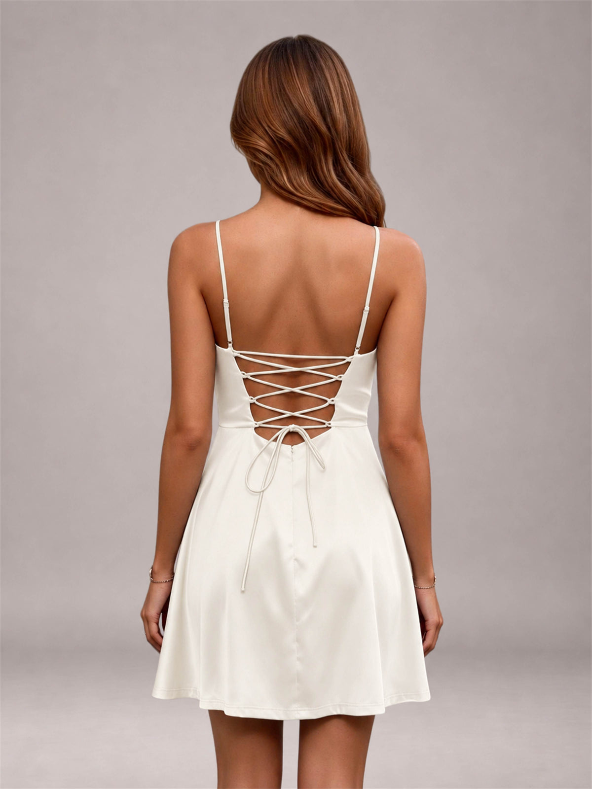 Ivory Stretch Satin Cowl Neck Spaghetti Strap Pleated Mini Homecoming Dress with Lace Up Back