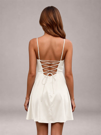 Ivory Stretch Satin Cowl Neck Spaghetti Strap Pleated Mini Homecoming Dress with Lace Up Back