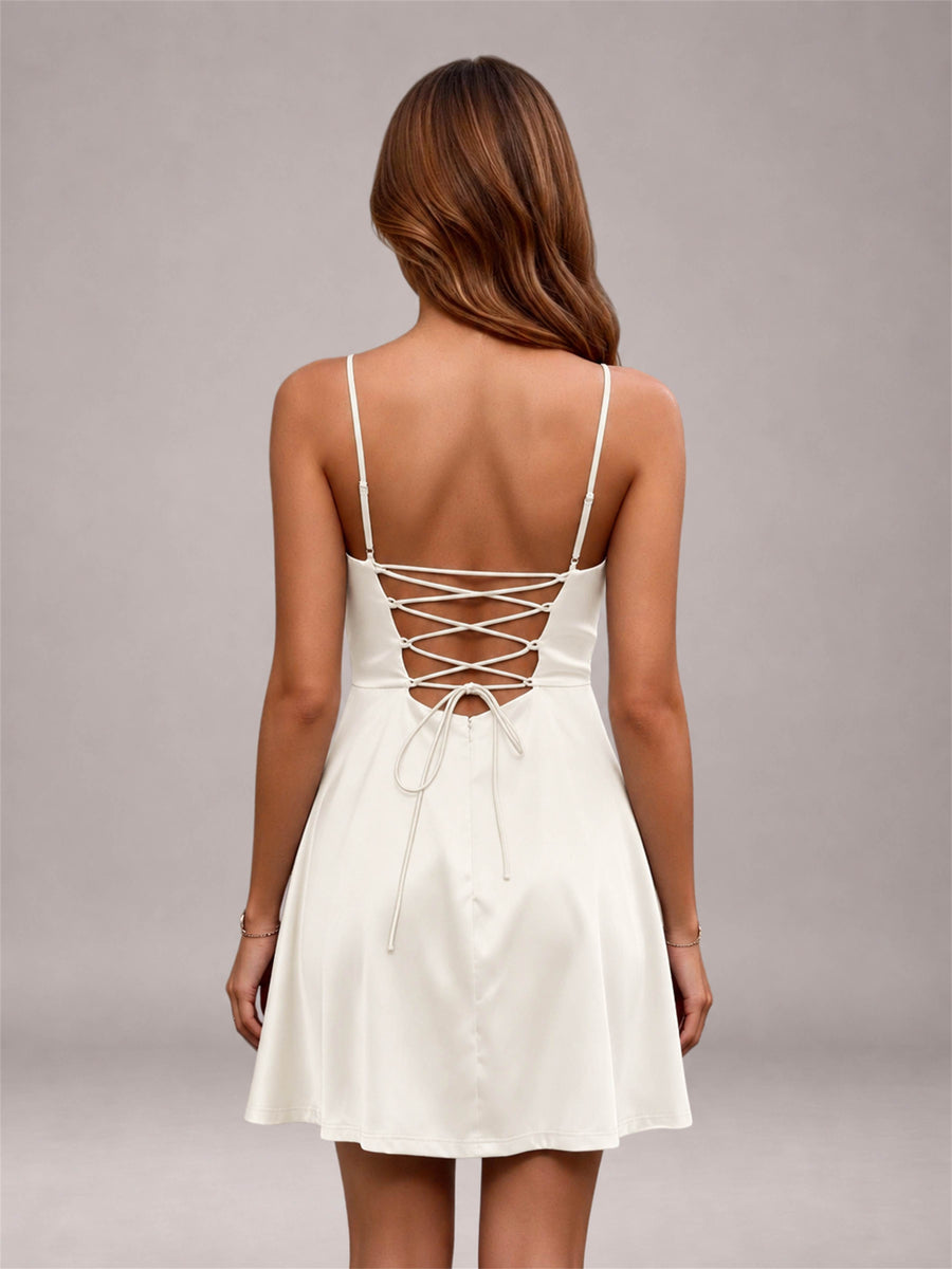 Ivory Stretch Satin Cowl Neck Spaghetti Strap Pleated Mini Homecoming Dress with Lace Up Back