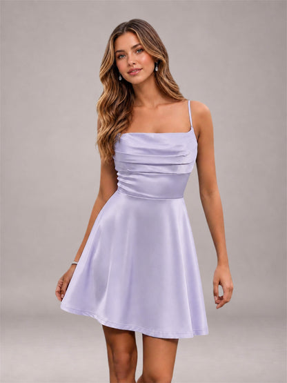 Lavender Stretch Satin Cowl Neck Spaghetti Strap Pleated Mini Homecoming Dress with Lace Up Back