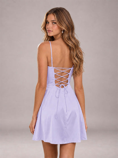 Lavender Stretch Satin Cowl Neck Spaghetti Strap Pleated Mini Homecoming Dress with Lace Up Back