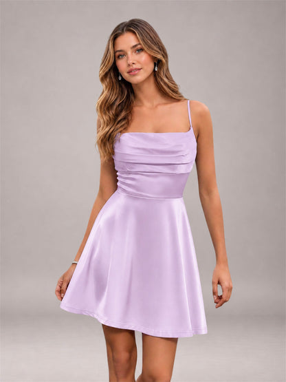 Lilac Stretch Satin Cowl Neck Spaghetti Strap Pleated Mini Homecoming Dress with Lace Up Back