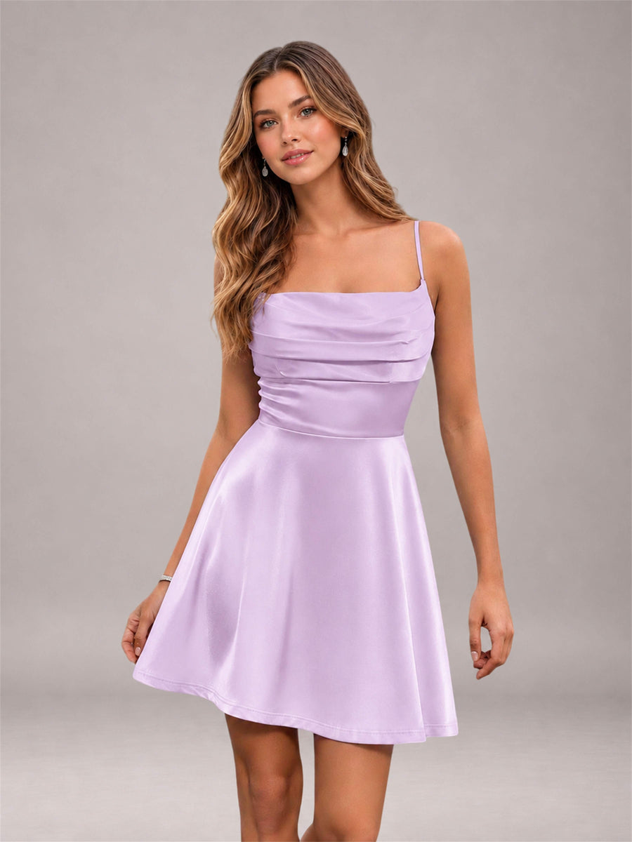 Lilac Stretch Satin Cowl Neck Spaghetti Strap Pleated Mini Homecoming Dress with Lace Up Back