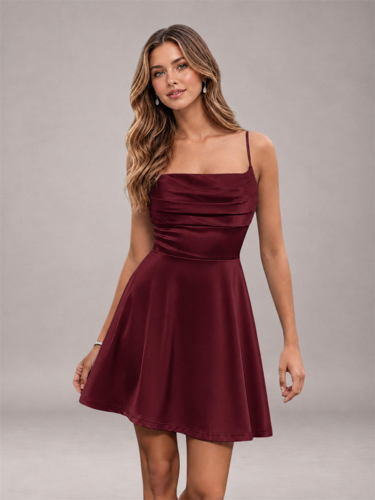 Maroon Stretch Satin Cowl Neck Spaghetti Strap Pleated Mini Homecoming Dress with Lace Up Back
