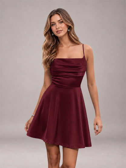 Maroon Stretch Satin Cowl Neck Spaghetti Strap Pleated Mini Homecoming Dress with Lace Up Back