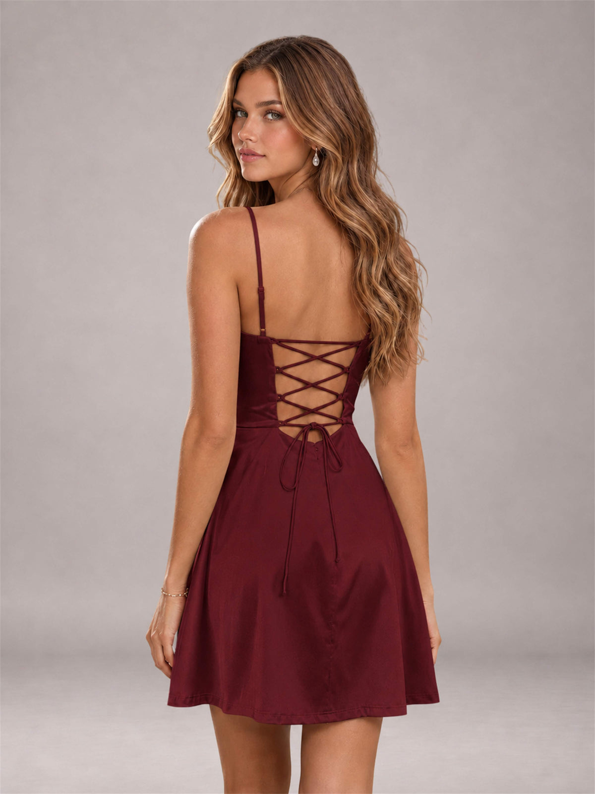Maroon Stretch Satin Cowl Neck Spaghetti Strap Pleated Mini Homecoming Dress with Lace Up Back