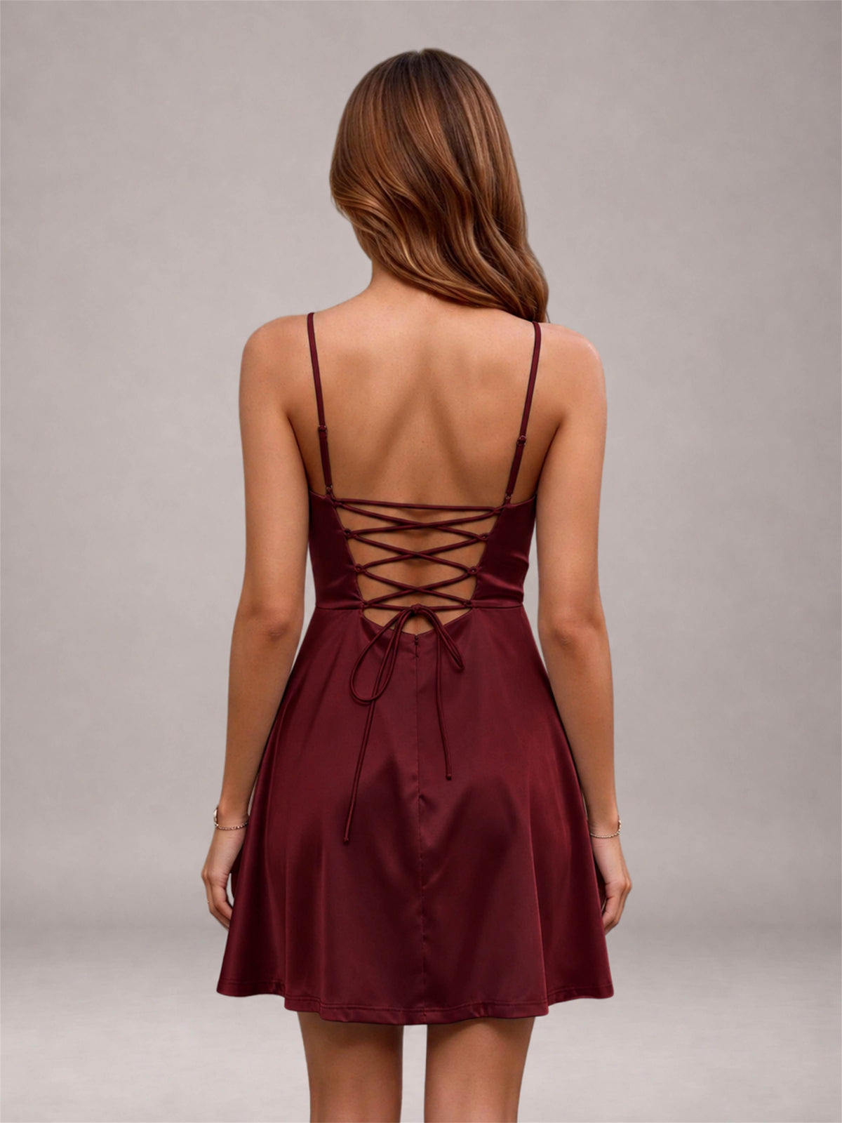 Maroon Stretch Satin Cowl Neck Spaghetti Strap Pleated Mini Homecoming Dress with Lace Up Back
