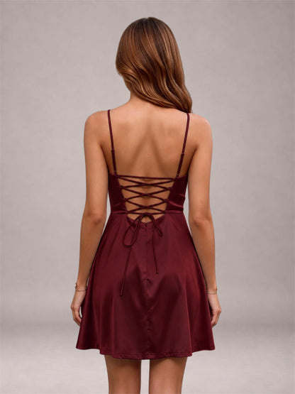 Maroon Stretch Satin Cowl Neck Spaghetti Strap Pleated Mini Homecoming Dress with Lace Up Back