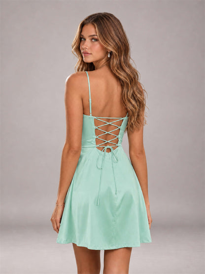 Mint Green Stretch Satin Cowl Neck Spaghetti Strap Pleated Mini Homecoming Dress with Lace Up Back