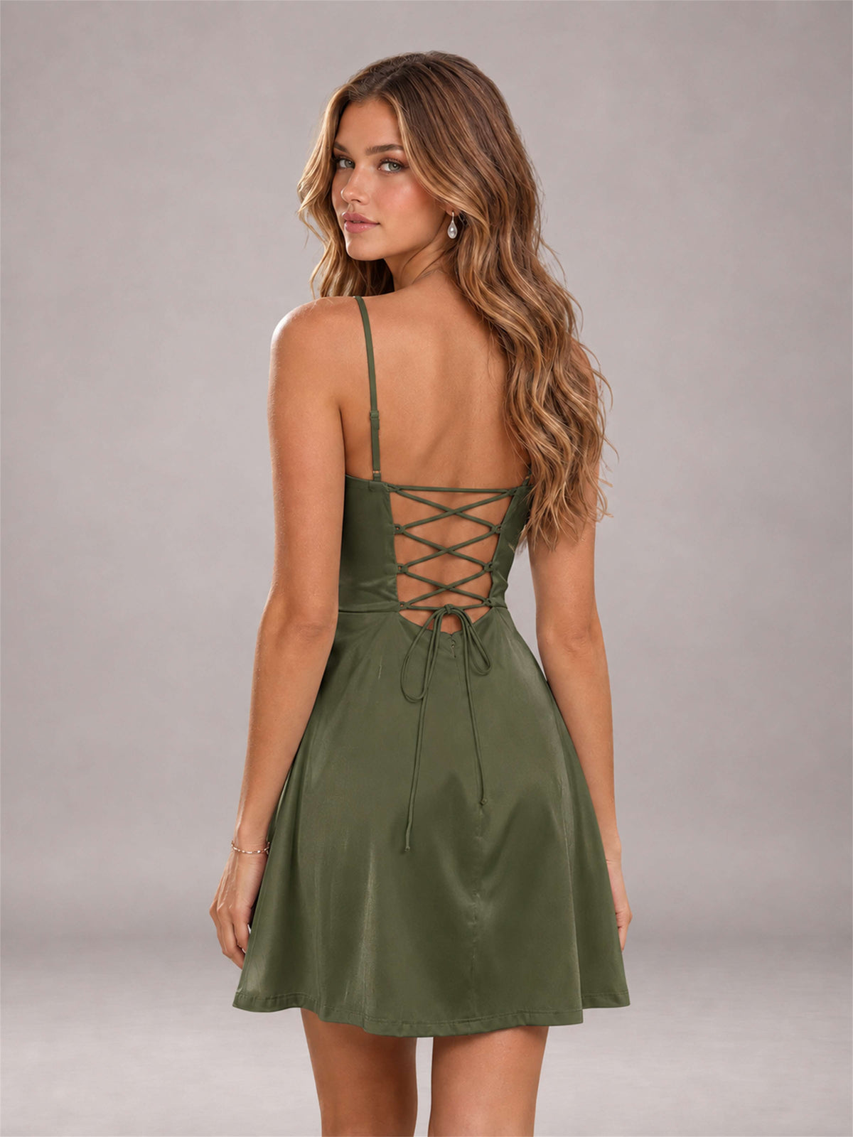 Olive Green Stretch Satin Cowl Neck Spaghetti Strap Pleated Mini Homecoming Dress with Lace Up Back