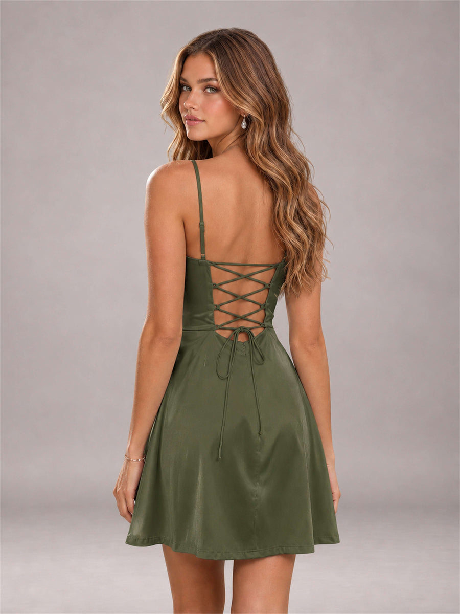Olive Green Stretch Satin Cowl Neck Spaghetti Strap Pleated Mini Homecoming Dress with Lace Up Back