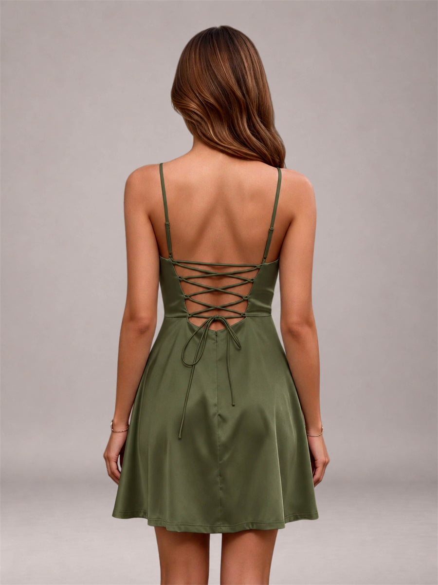 Olive Green Stretch Satin Cowl Neck Spaghetti Strap Pleated Mini Homecoming Dress with Lace Up Back