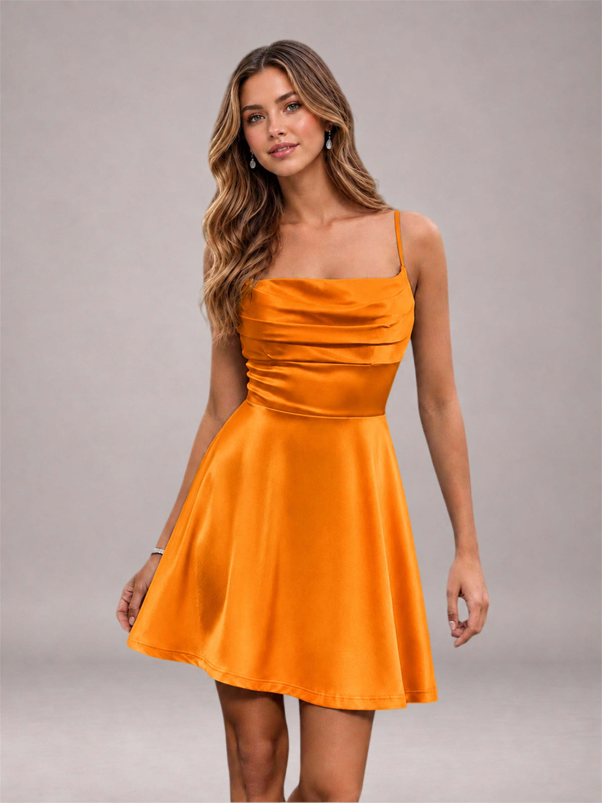 Orange Stretch Satin Cowl Neck Spaghetti Strap Pleated Mini Homecoming Dress with Lace Up Back