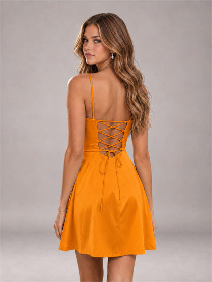 Orange Stretch Satin Cowl Neck Spaghetti Strap Pleated Mini Homecoming Dress with Lace Up Back