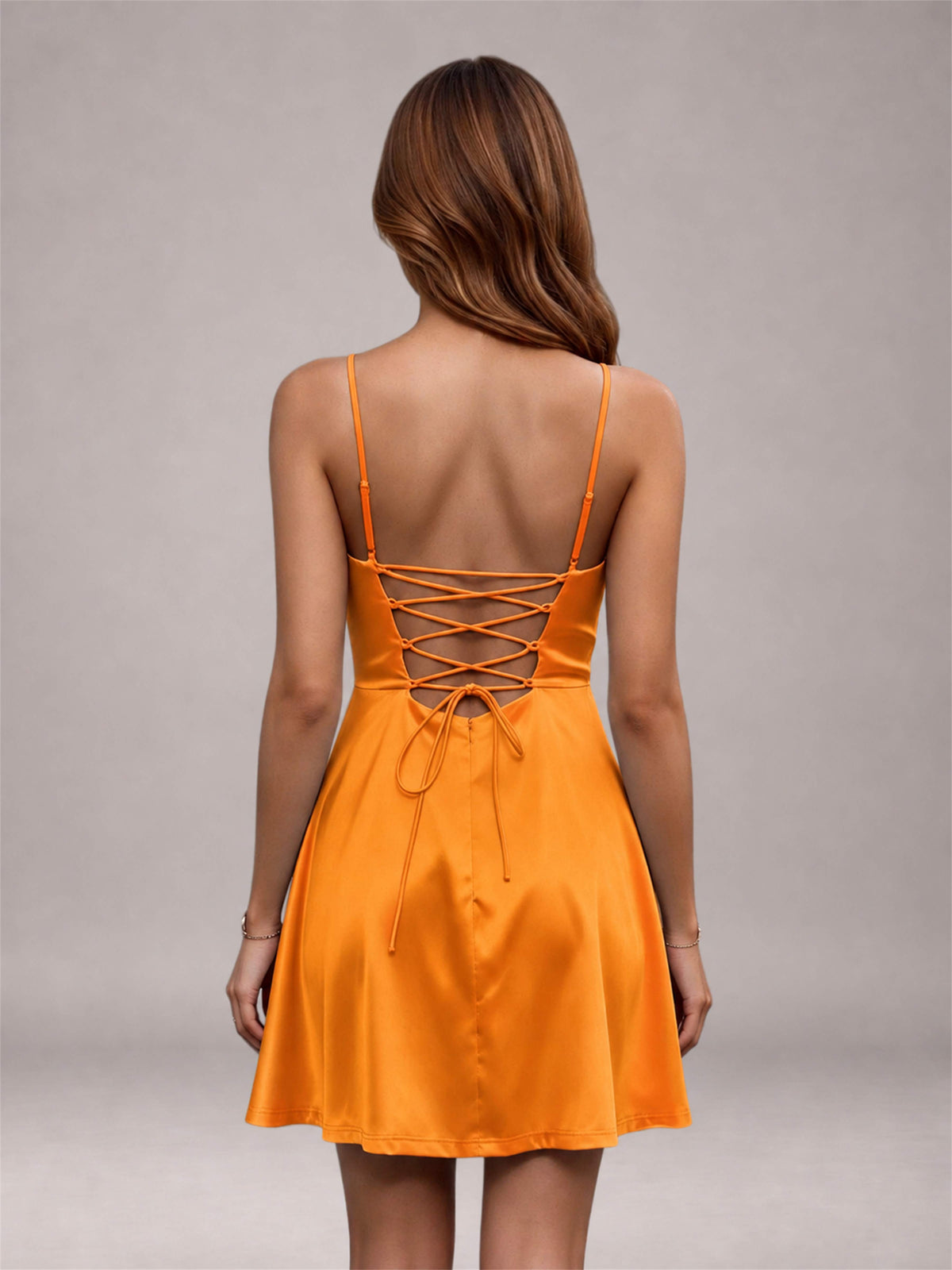 Orange Stretch Satin Cowl Neck Spaghetti Strap Pleated Mini Homecoming Dress with Lace Up Back