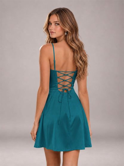 Peacock Stretch Satin Cowl Neck Spaghetti Strap Pleated Mini Homecoming Dress with Lace Up Back
