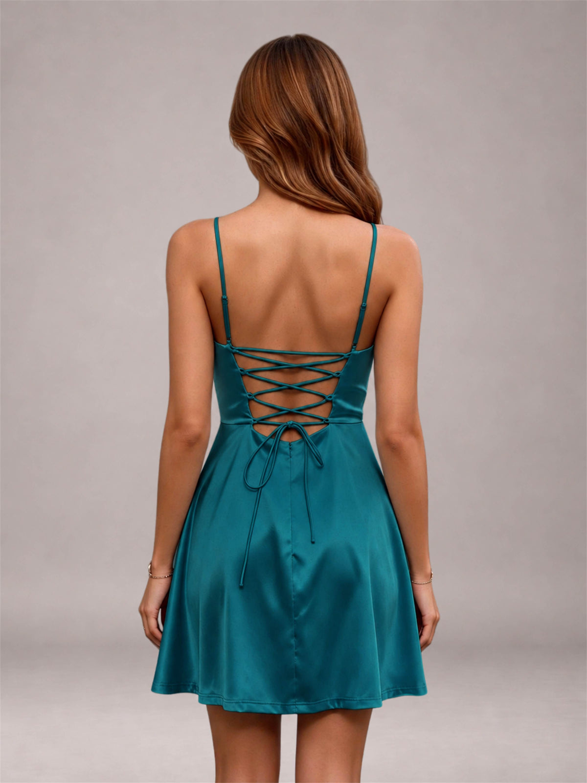 Peacock Stretch Satin Cowl Neck Spaghetti Strap Pleated Mini Homecoming Dress with Lace Up Back