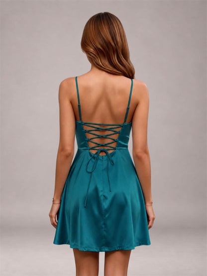 Peacock Stretch Satin Cowl Neck Spaghetti Strap Pleated Mini Homecoming Dress with Lace Up Back